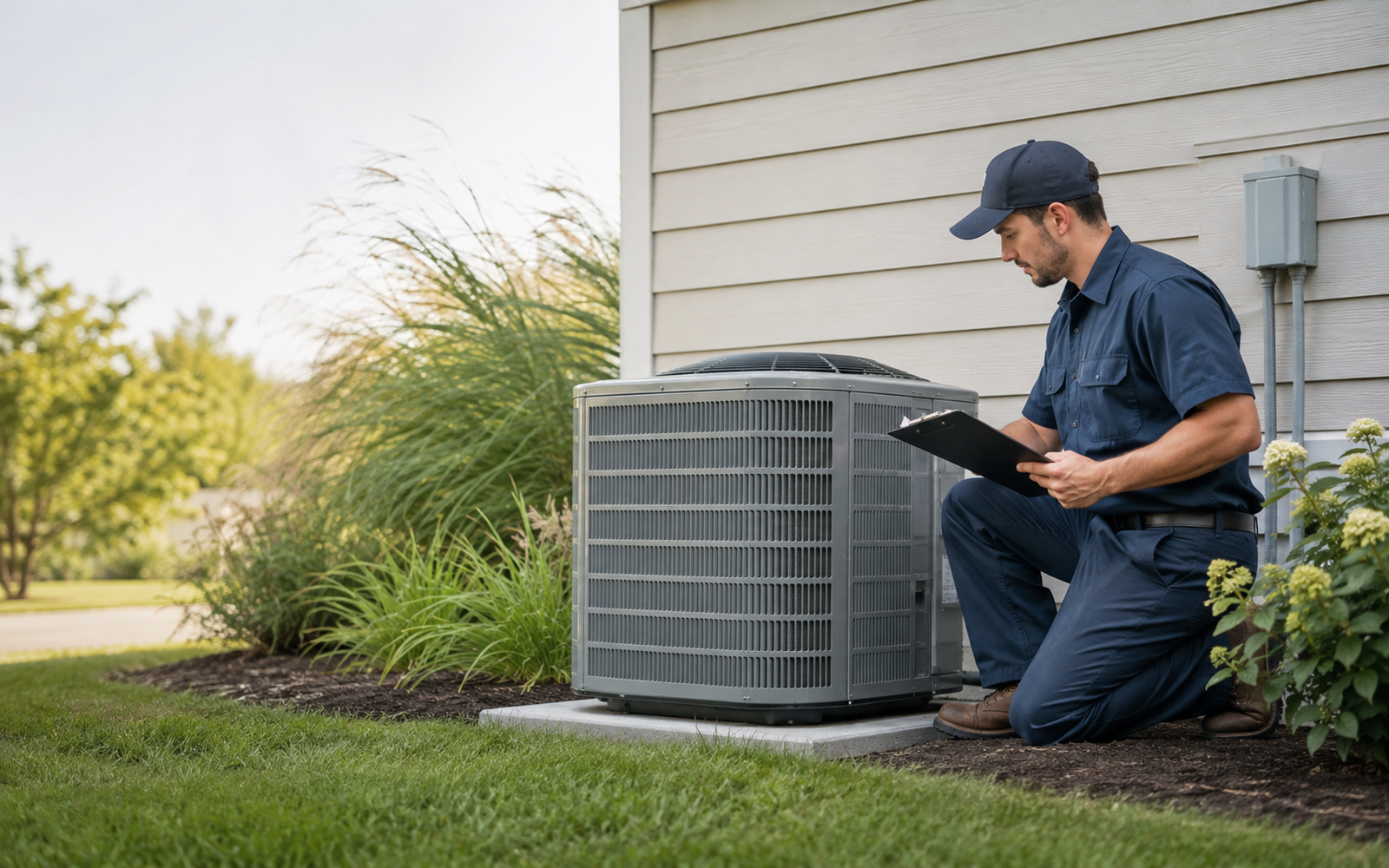 Residential outdoor air conditioning unit with a technician checklist and clean airflow cues, no logos or text.