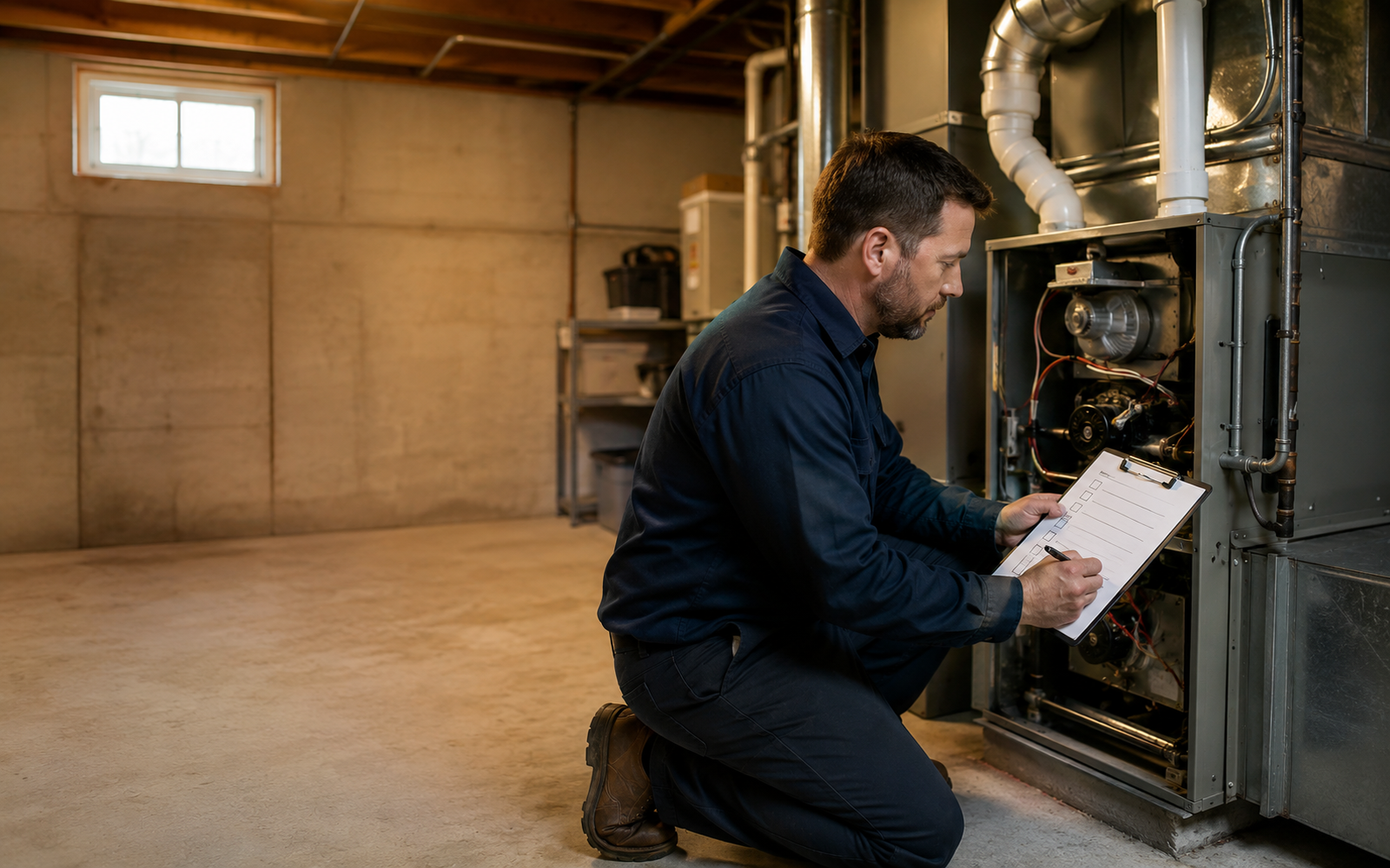 Residential furnace area with organized inspection notes and warm airflow cues, no logos or text.