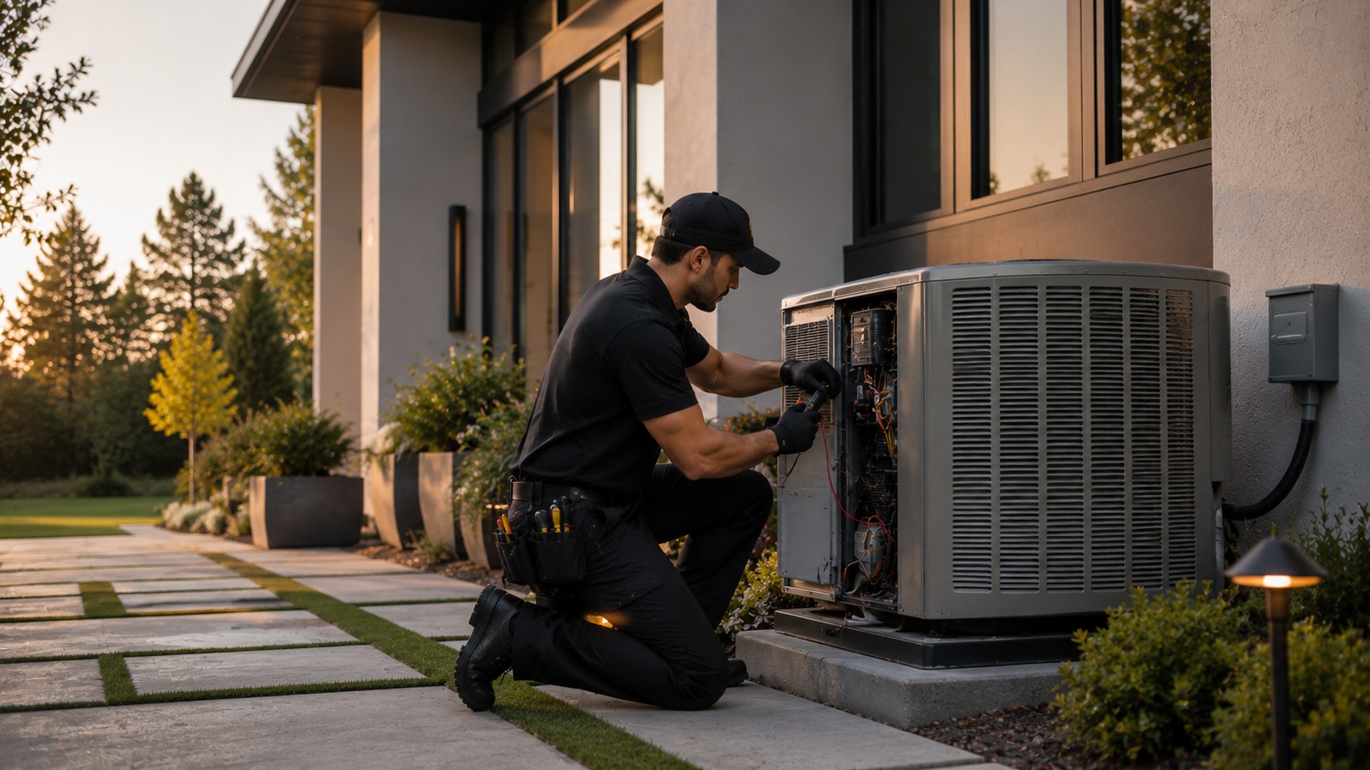 HVAC service professional inspecting an outdoor cooling unit